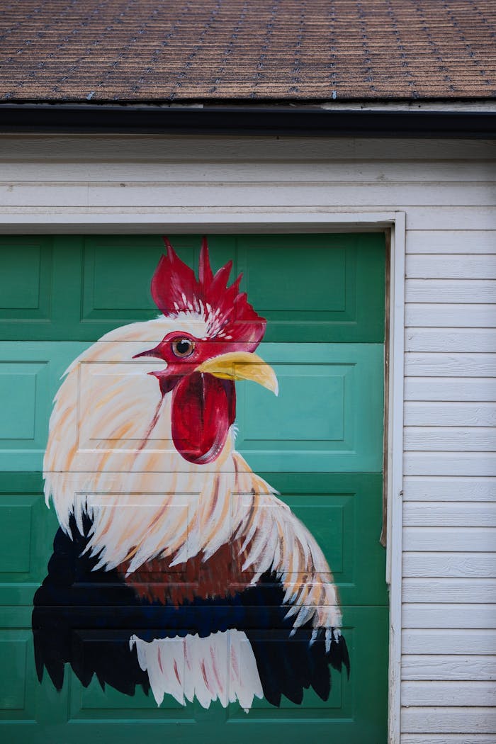 Vibrant mural of a rooster painted on a green garage door adds a rustic touch.